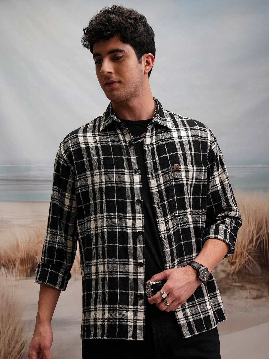 

LOCOMOTIVE Oversized Premium Dobby Textured Checked Flannel Overshirt, Black