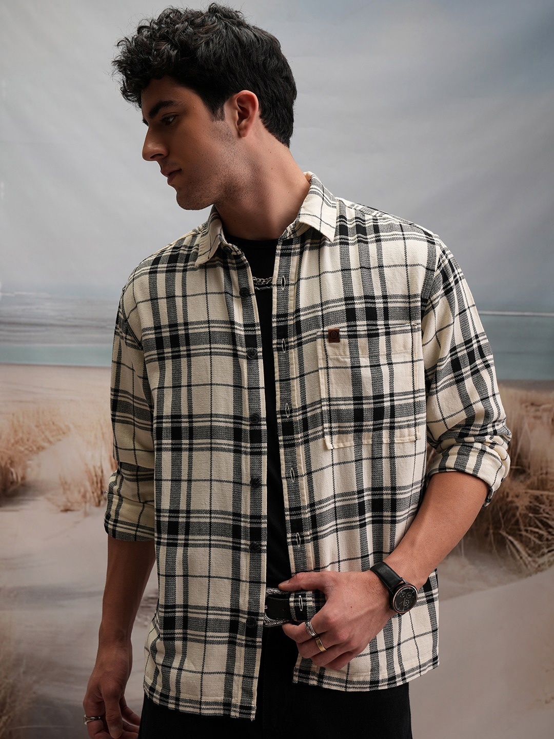 

LOCOMOTIVE Oversized Premium Dobby Textured Checked Flannel Overshirt, Cream
