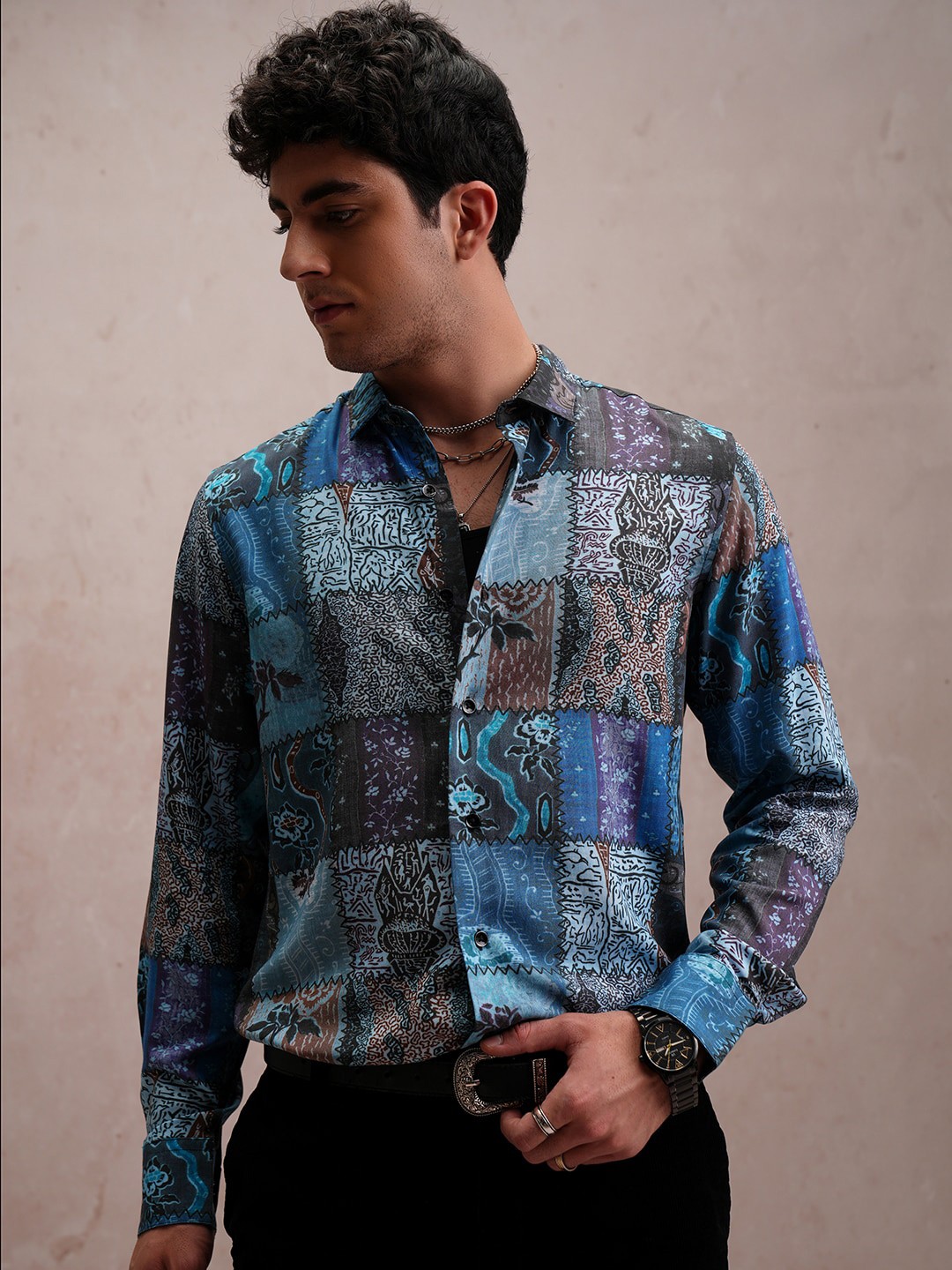 

LOCOMOTIVE Slim Fit Luxe Satin Printed Party Shirt, Blue
