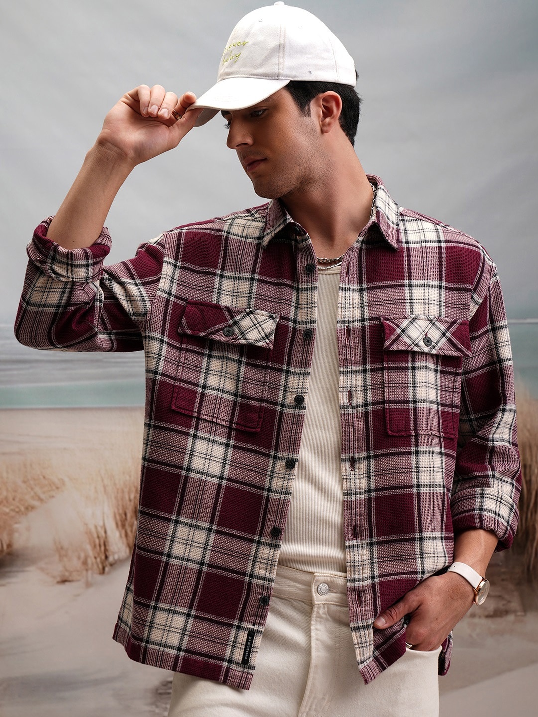 

LOCOMOTIVE Premium Waffle Dobby Textured Checked Utility Pocket Flannel Cotton Overshirt, Maroon