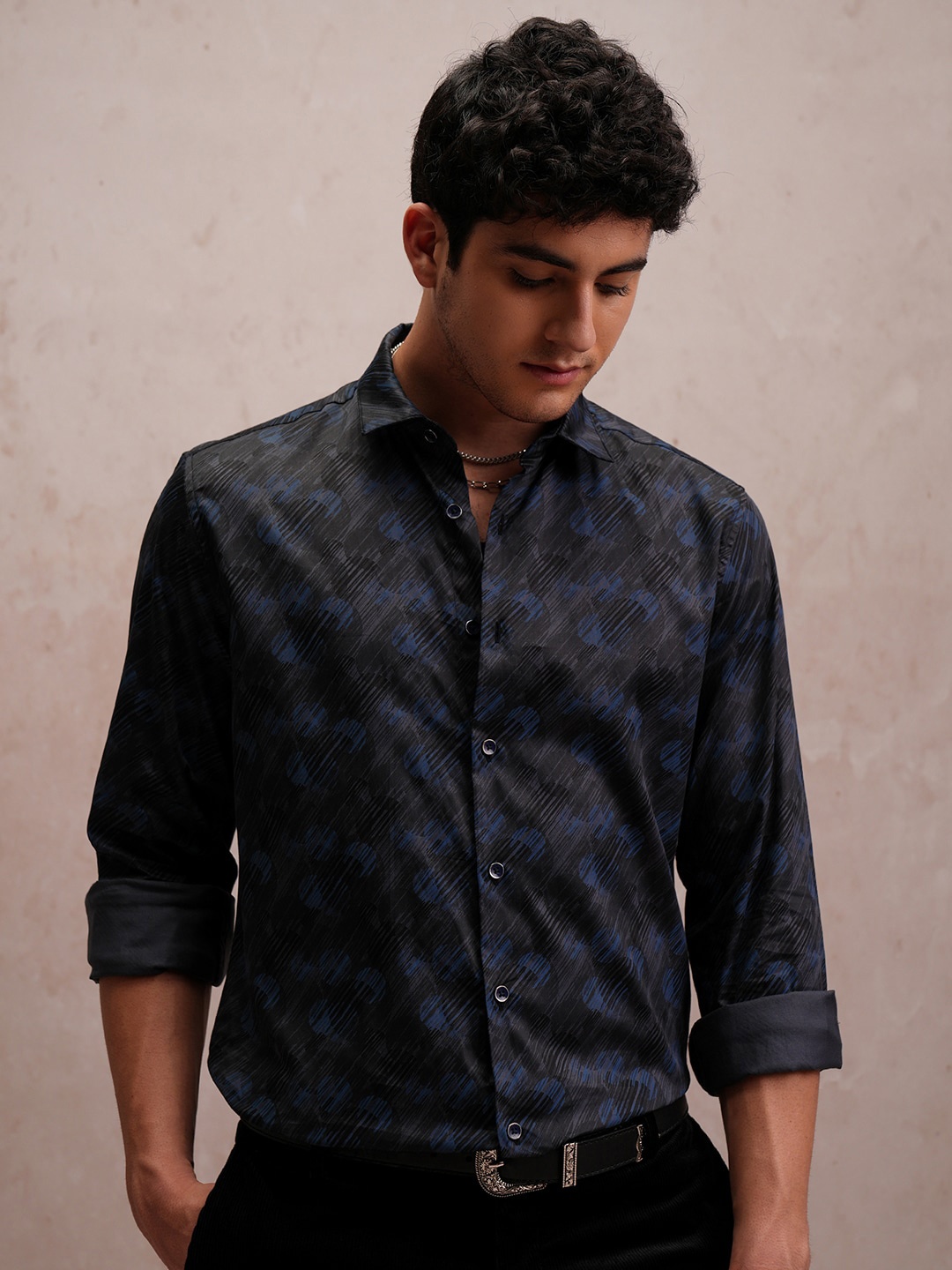 

LOCOMOTIVE Slim Fit Luxe Satin Printed Party Shirt, Blue