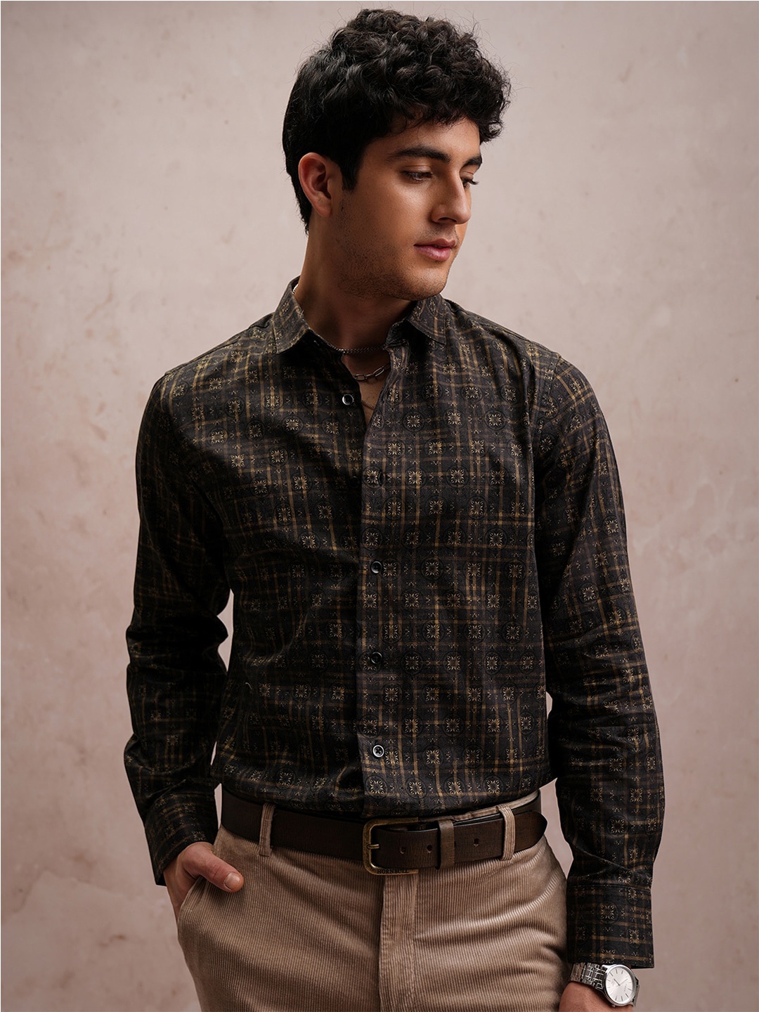 

LOCOMOTIVE Slim Fit Luxe Satin Printed Party Shirt, Brown
