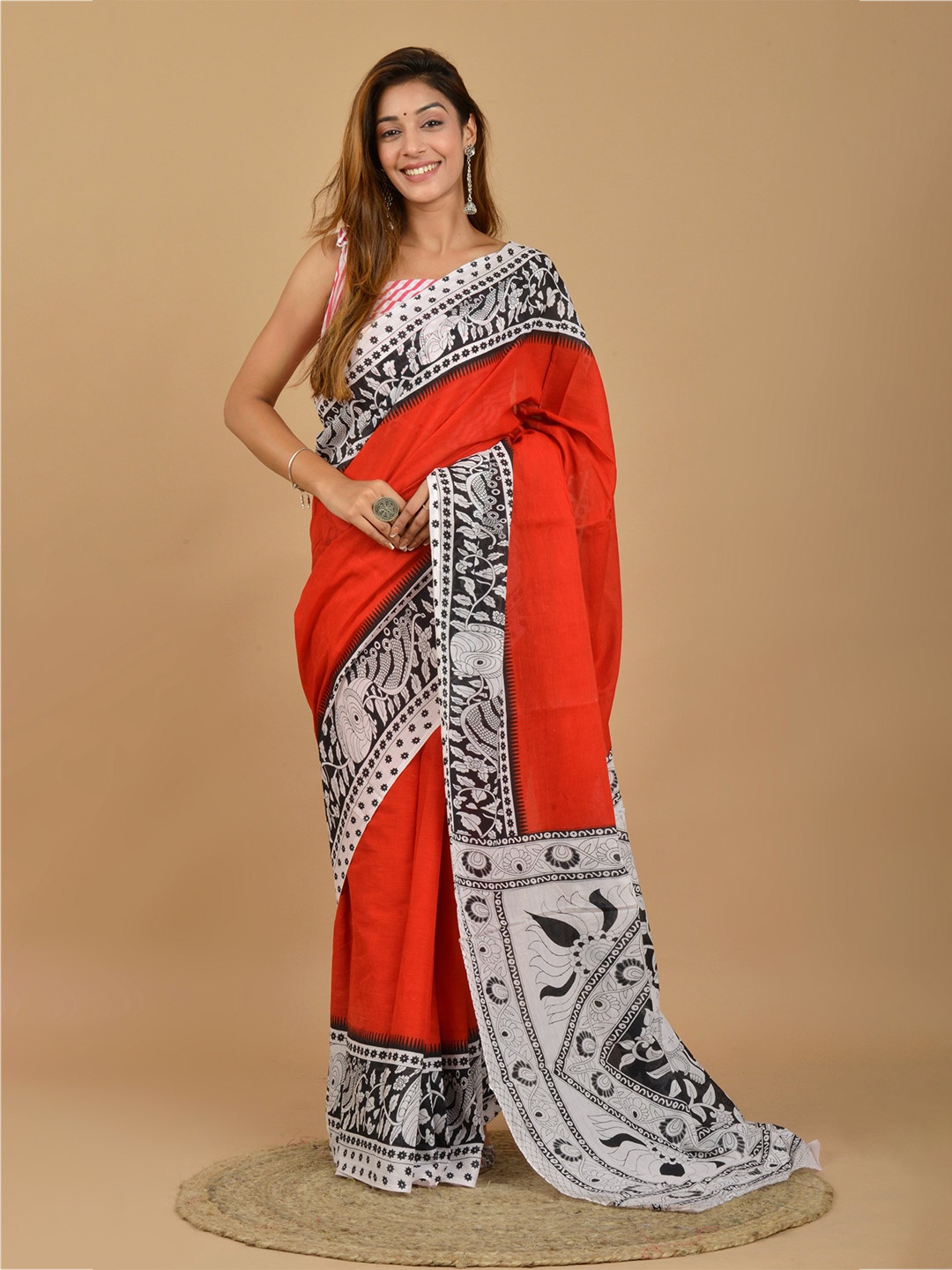 

TROPWEAR Pure Cotton Block Print Saree, Red