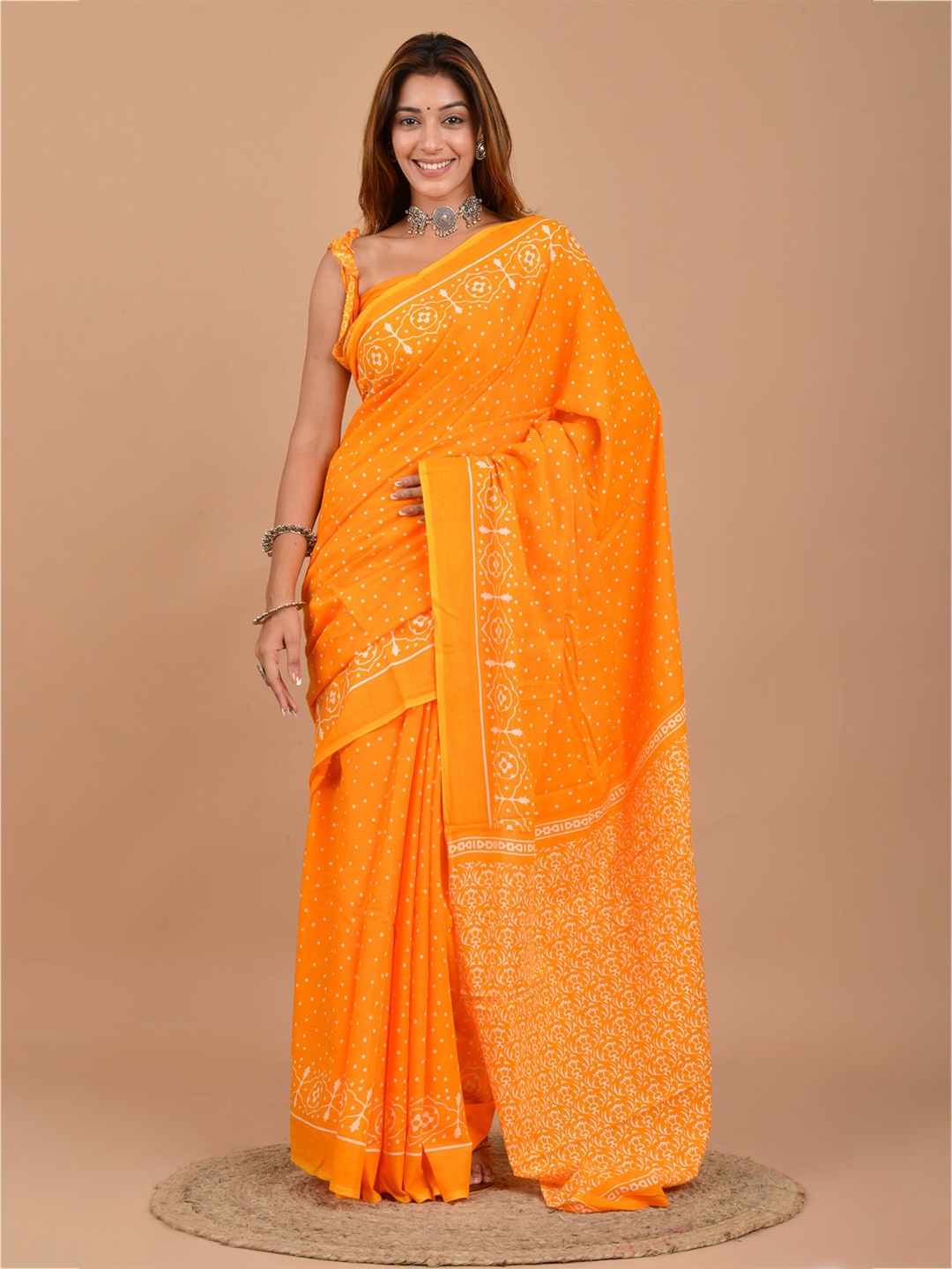 

TROPWEAR Ethnic Motifs Pure Cotton Block Print Saree, Yellow