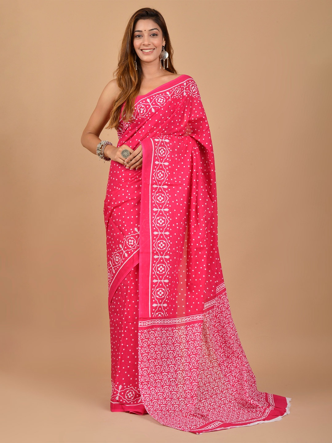 

TROPWEAR Ethnic Motif Printed Pure Cotton Saree, Pink