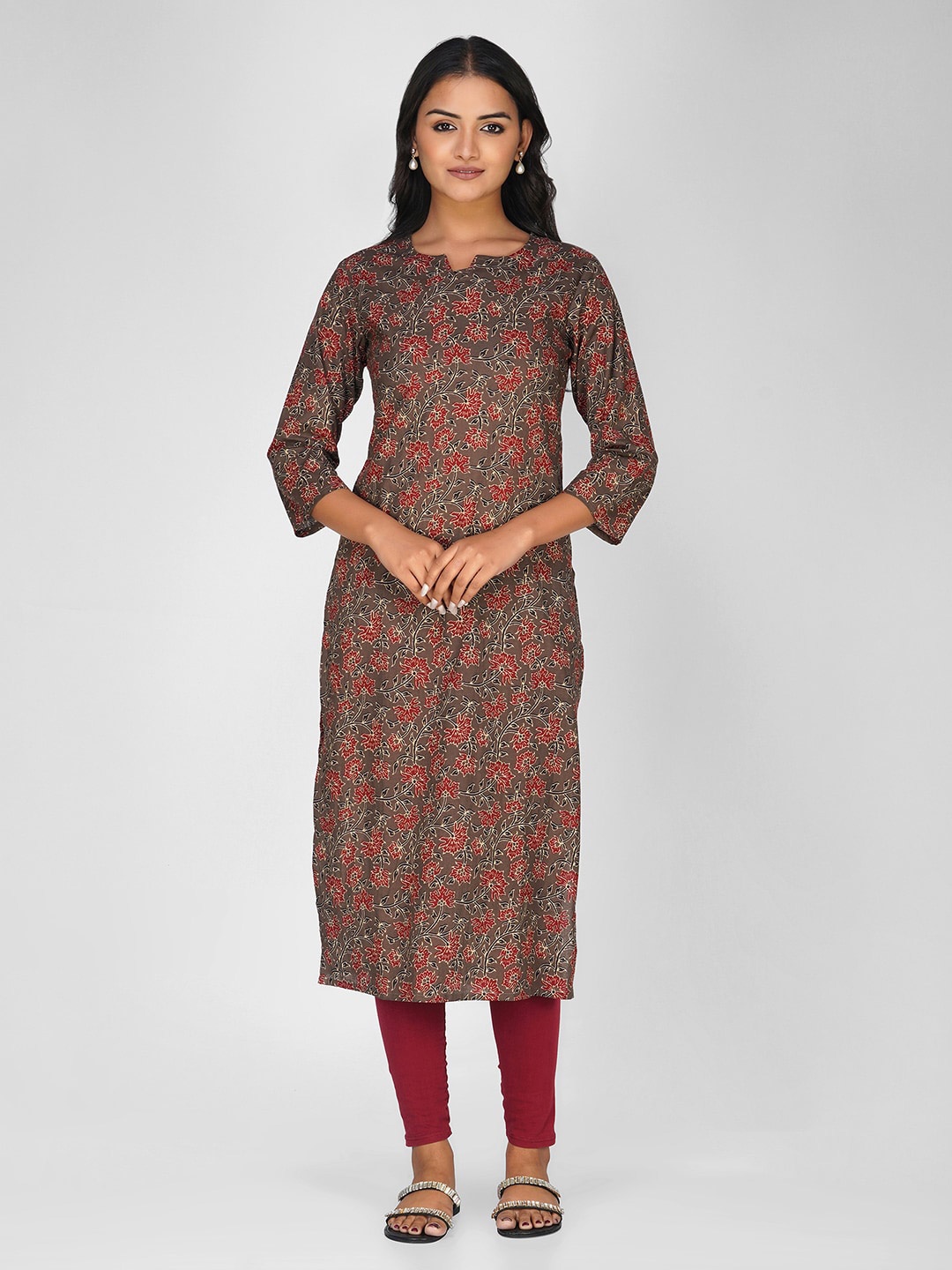 

SPARSA Floral Printed Pure Cotton Straight Kurta, Grey