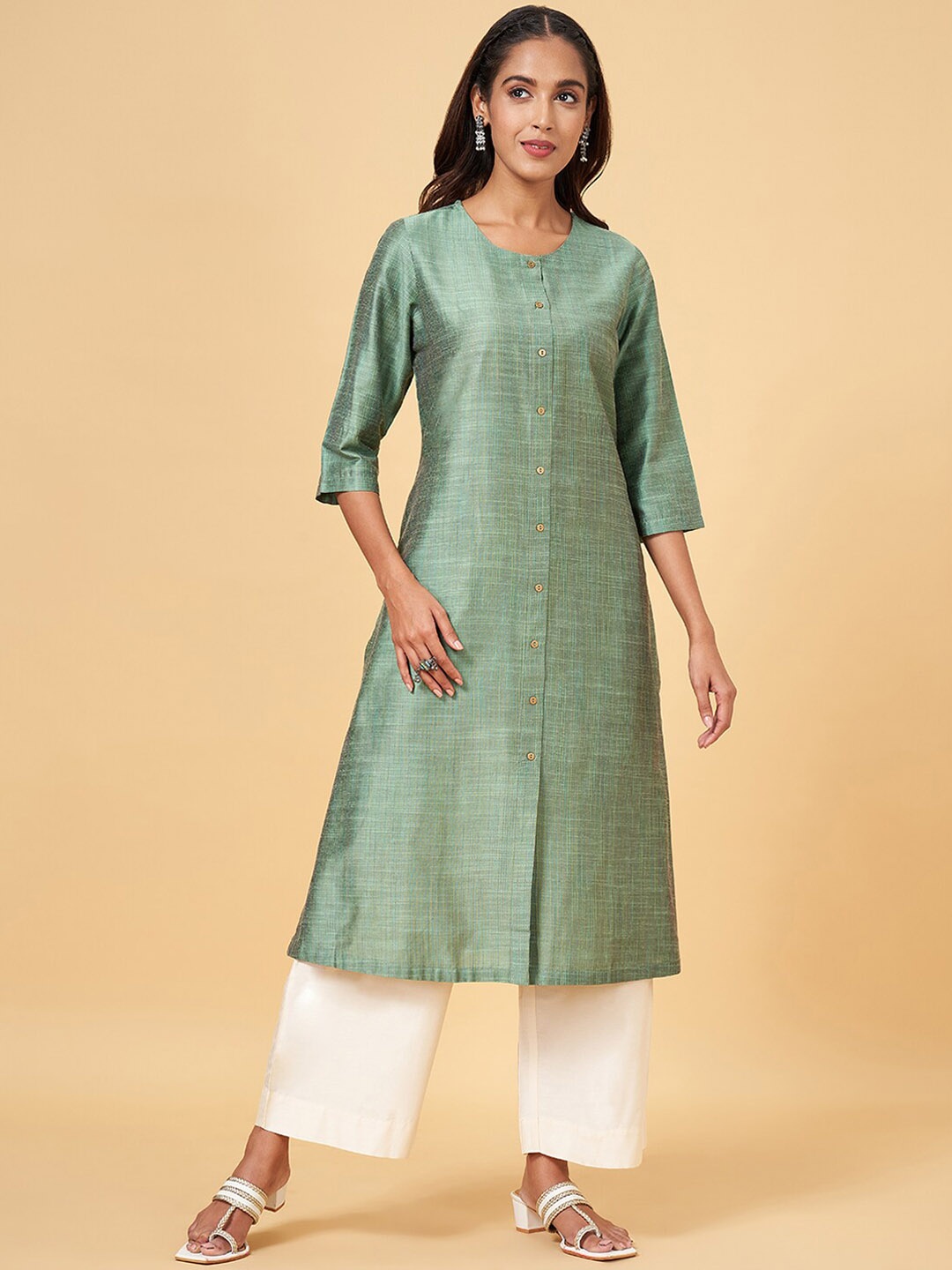 

RANGMANCH BY PANTALOONS Checked Woven Design Straight Kurta, Green