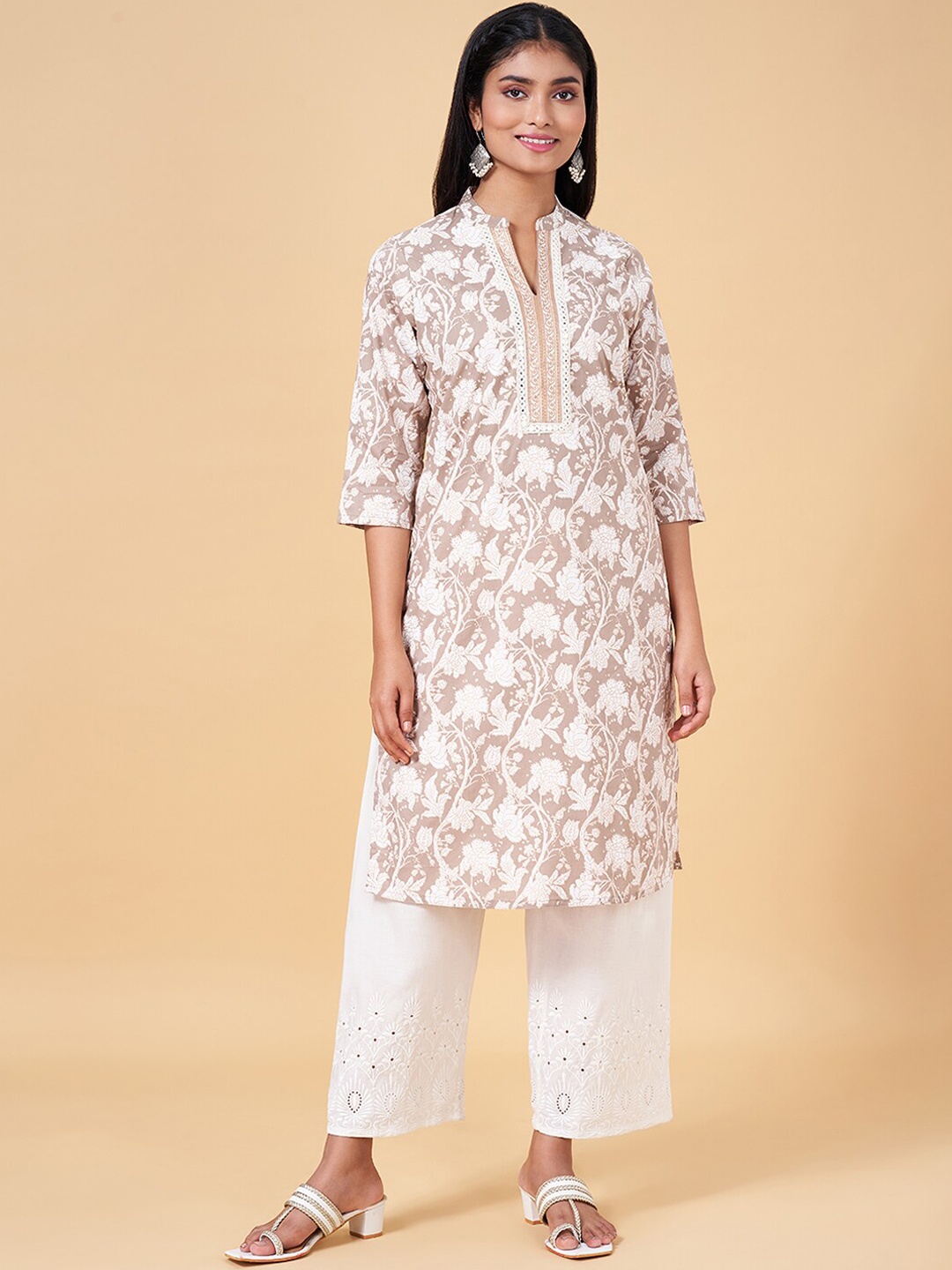 

RANGMANCH BY PANTALOONS Floral Printed Mirror Work Pure Cotton Straight Kurta, Grey