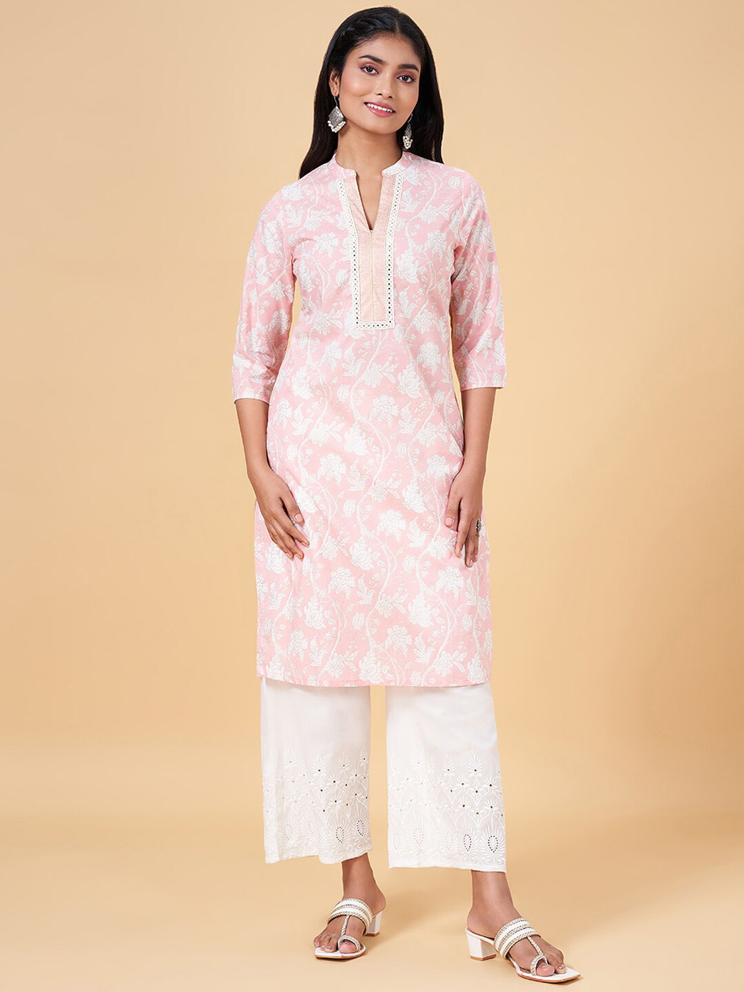 

RANGMANCH BY PANTALOONS Floral Printed Mirror Work Pure Cotton Straight Kurta, Pink