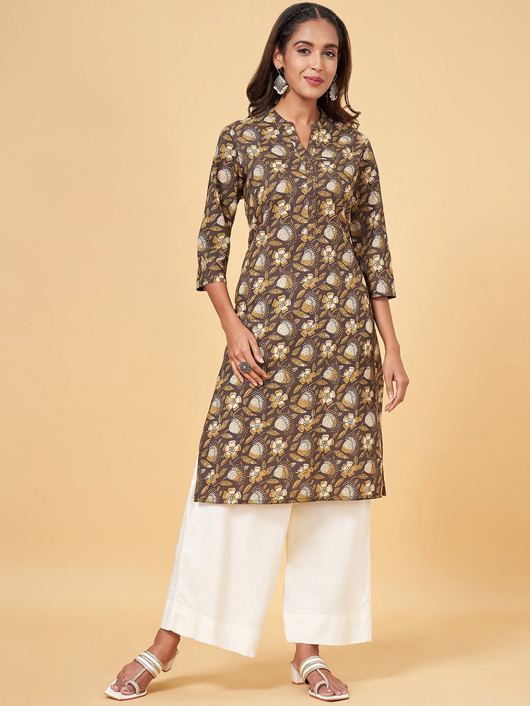 

RANGMANCH BY PANTALOONS Floral Printed Straight Cotton Kurta, Brown