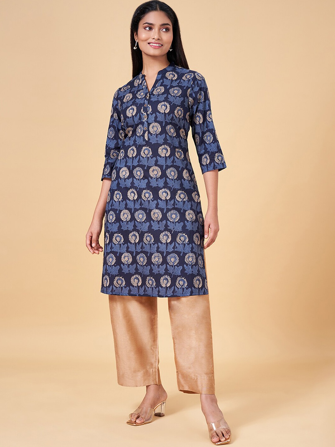 

RANGMANCH BY PANTALOONS Ethnic Motifs Printed Cotton Kurta, Blue