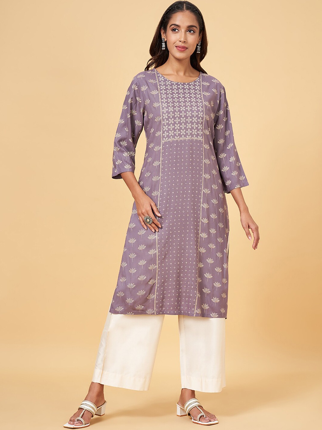 

RANGMANCH BY PANTALOONS Floral Printed Straight Kurta, Purple