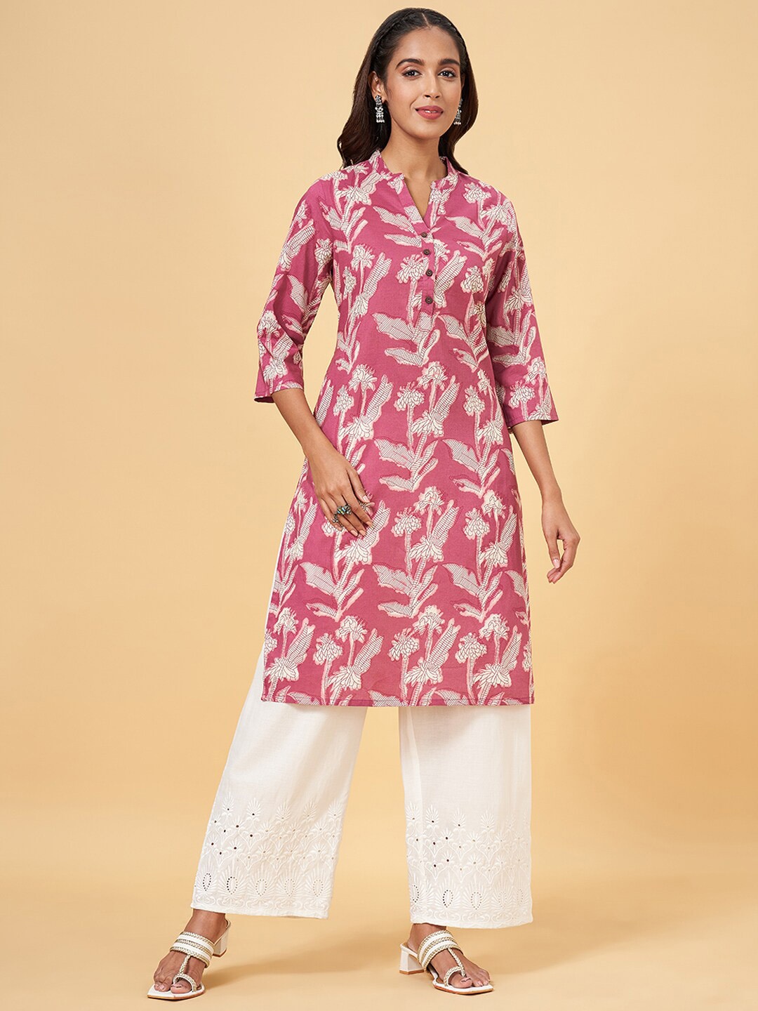 

RANGMANCH BY PANTALOONS Floral Printed Straight Cotton Kurta, Magenta