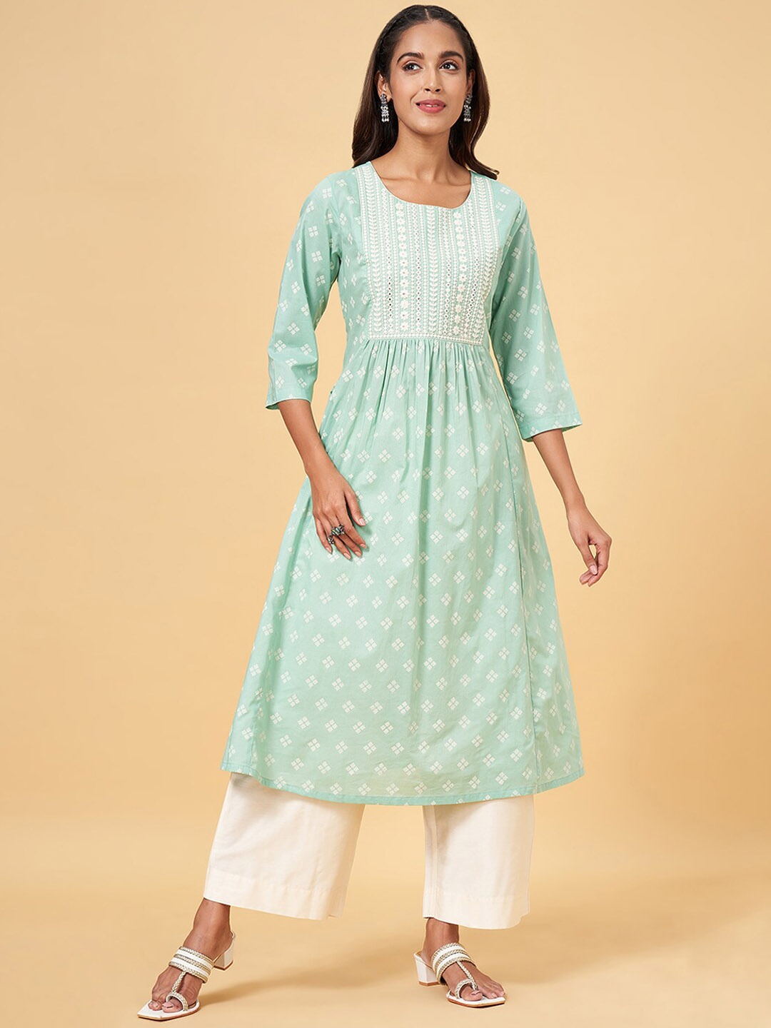 

RANGMANCH BY PANTALOONS Ethnic Motifs Printed Sequinned Pastel Pure Cotton A-Line Kurta, Green