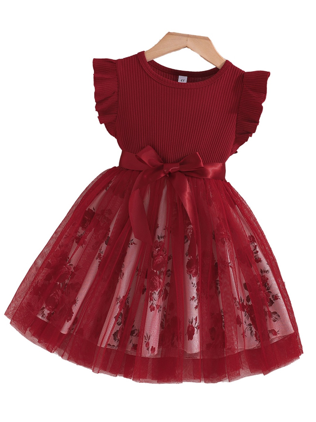 

StyleCast Maroon Girls Flutter Sleeves Round Dress Bow Detail Fit & Flare Cotton Dress