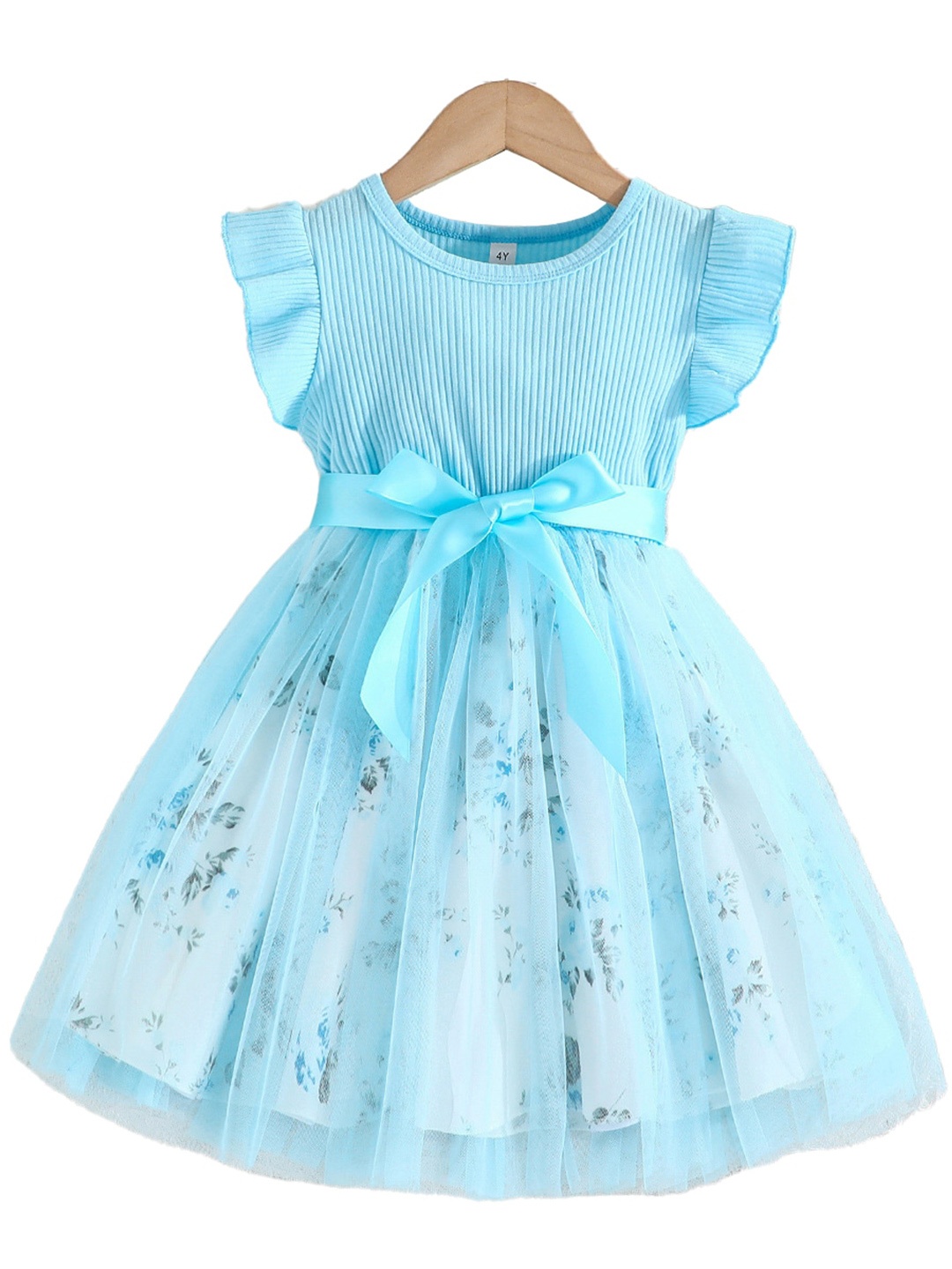 

StyleCast Girls Blue Floral Printed Flutter Sleeves Gathered Cotton Fit & Flare Dress