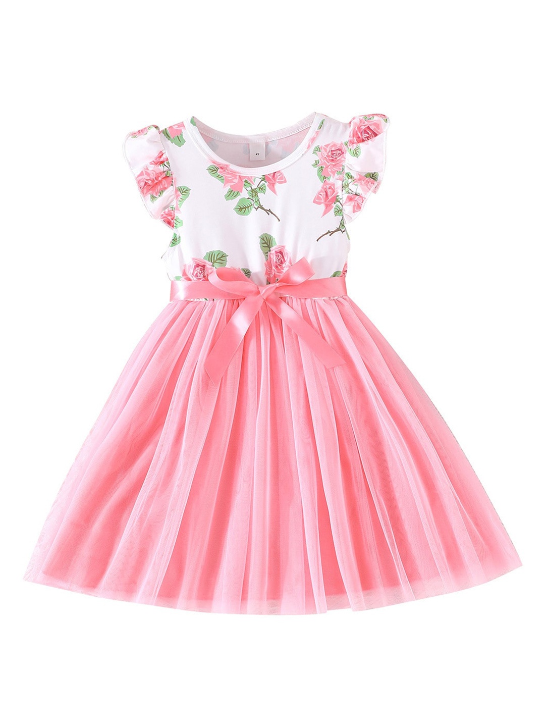 

StyleCast Pink Girls Floral Printed Flutter Sleeves Bow Detail Fit & Flare Dress
