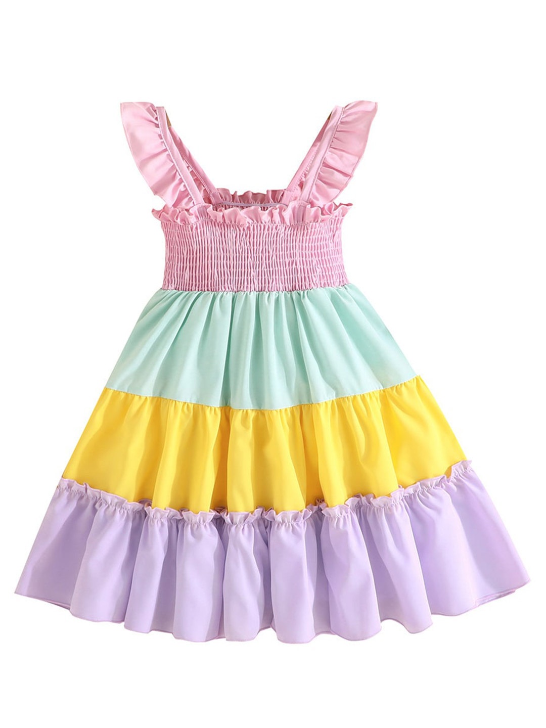 

StyleCast Girls Pink & Yellow Colourblocked Smocked Tiered Cotton Fit & Flare Dress