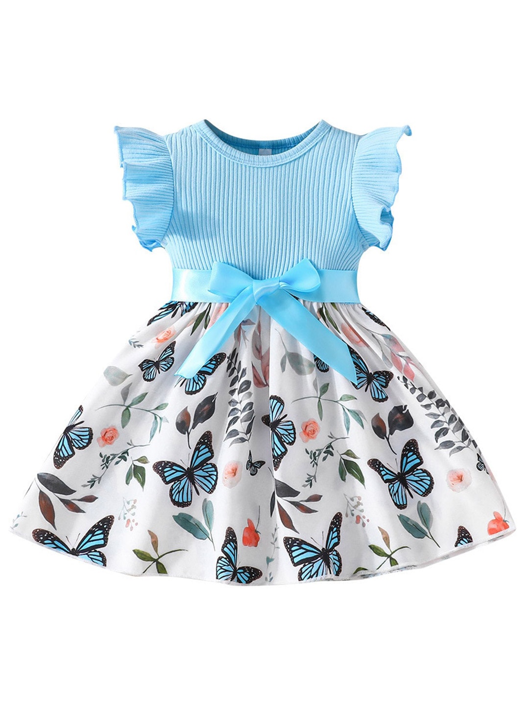 

StyleCast Blue Girls Floral Printed Flutter Sleeves Bow Detail Fit & Flare Dress