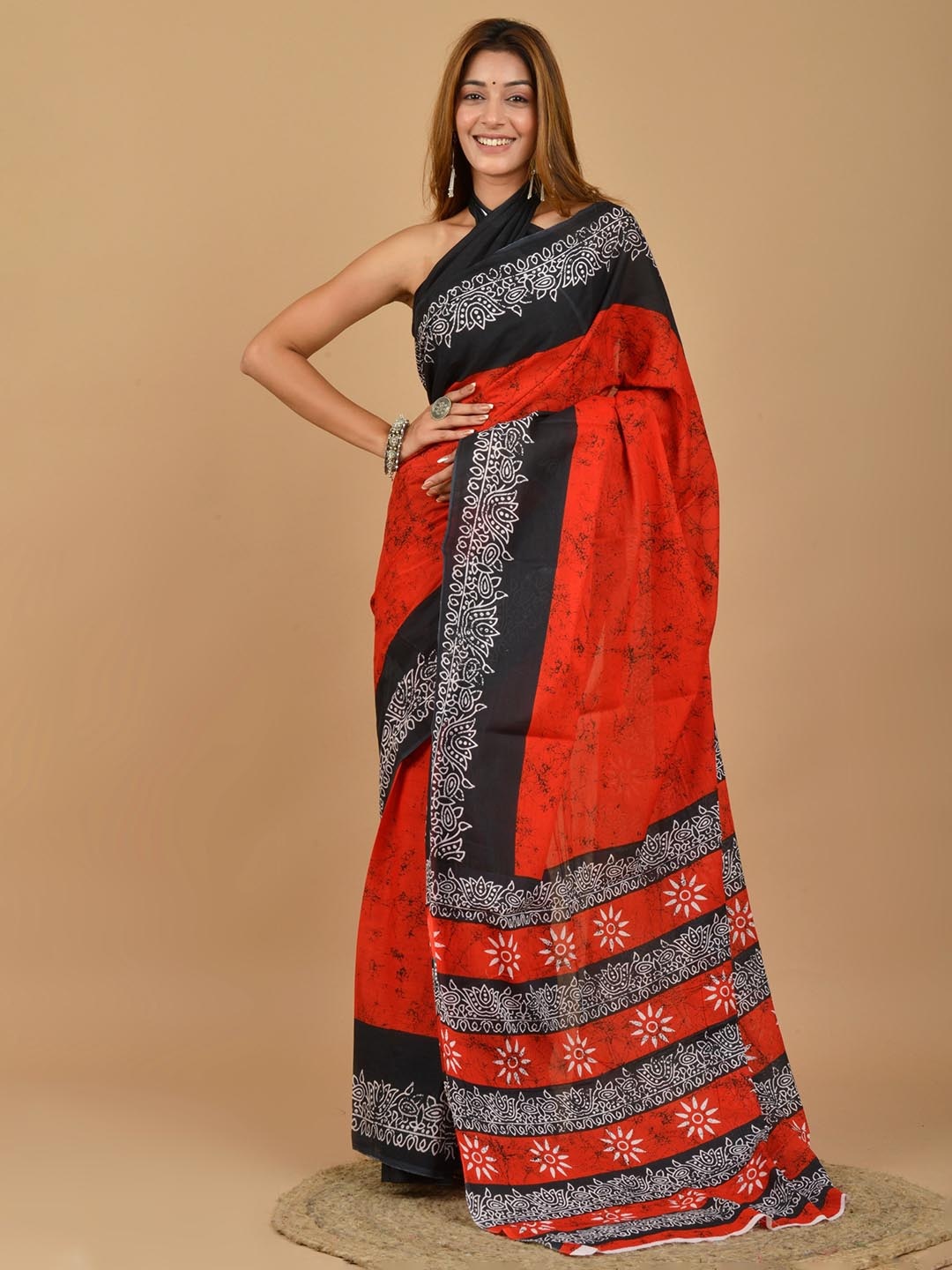 

clothonus Ethnic Motifs Pure Cotton Block Print Saree, Red