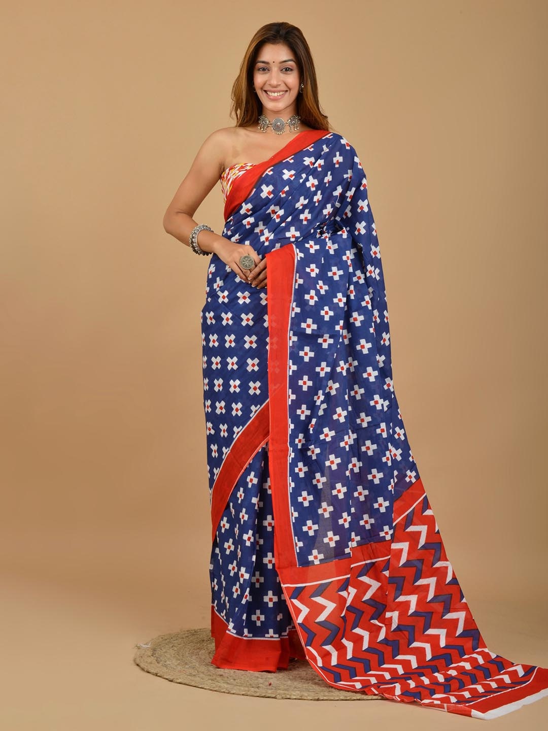 

clothonus Ethnic Motifs Pure Cotton Block Print Saree, Blue