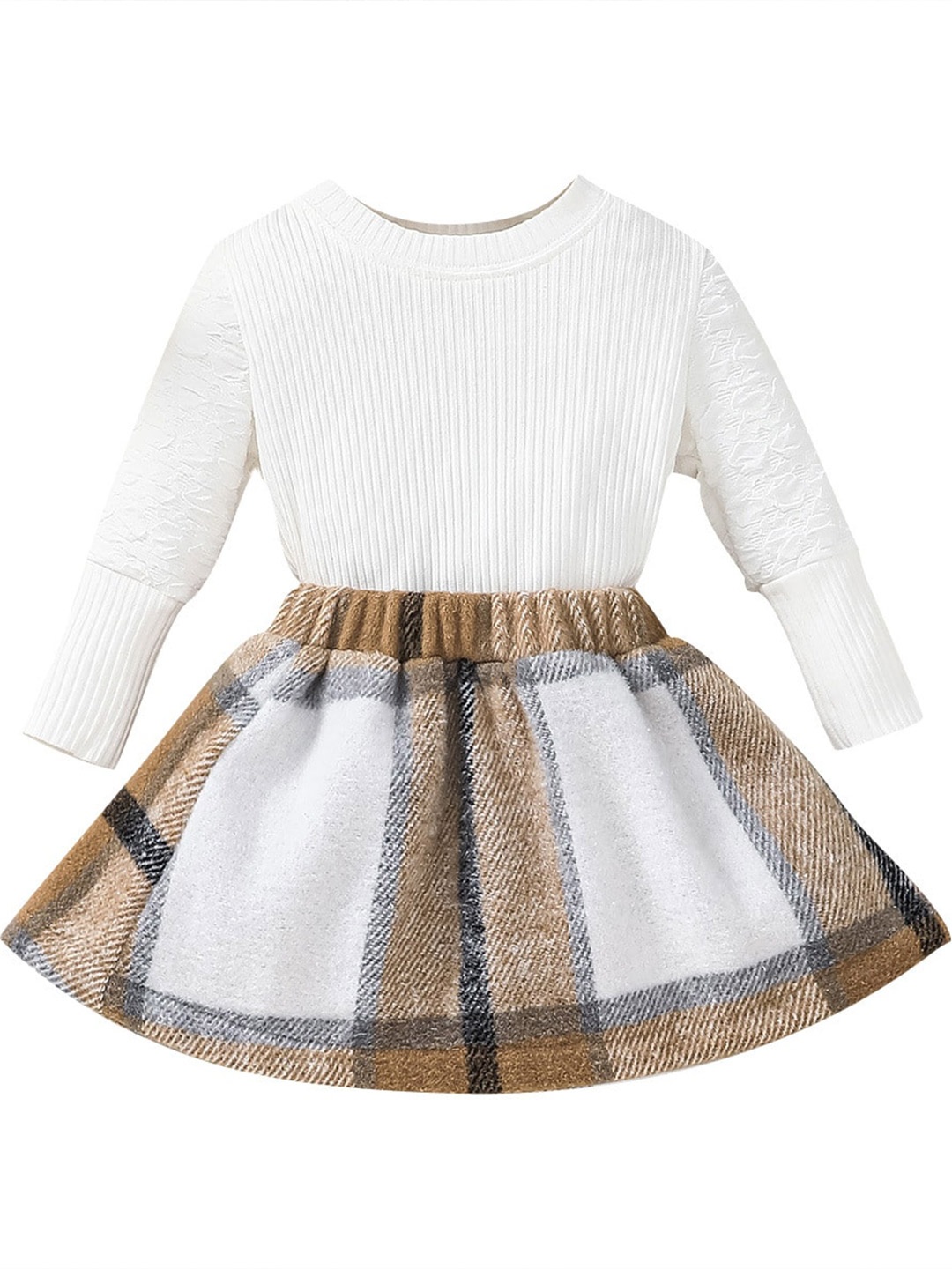 

StyleCast Infants Girls White & Brown Pure Cotton Ribbed Top With Checked Skirt