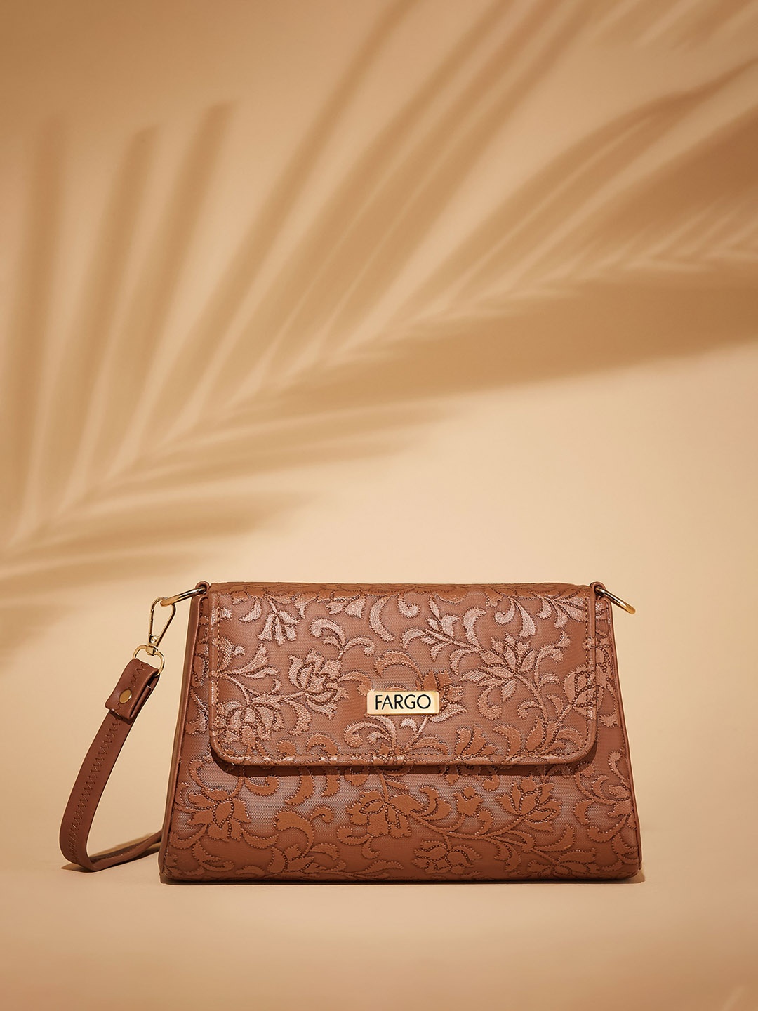 

FARGO Floral Self Design Structured Sling Bag, Tan