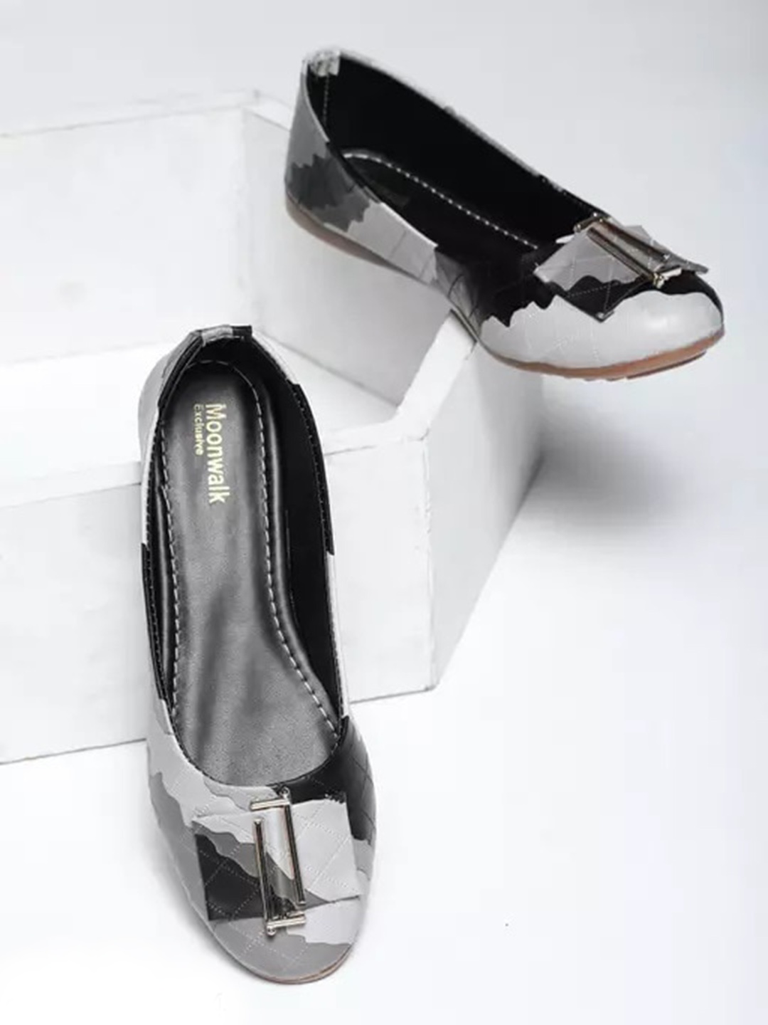 

Moonwalk Printed Bow Detail Slip-On Ballerinas, Grey