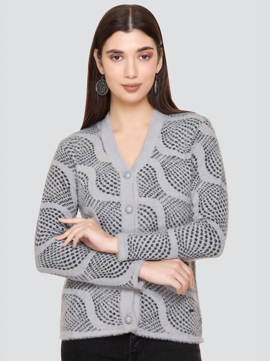 

NITSLINE V-Neck Self Design Acrylic Cardigan, Grey melange