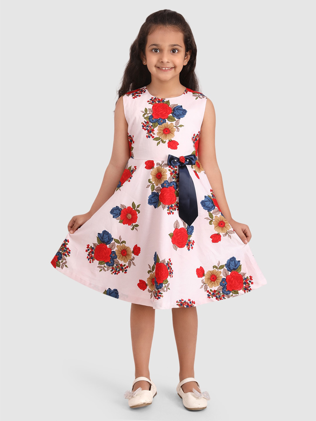 

BAESD Girls Floral Printed Round Neck Sleeveless Bow Cotton Fit & Flare Dress, White