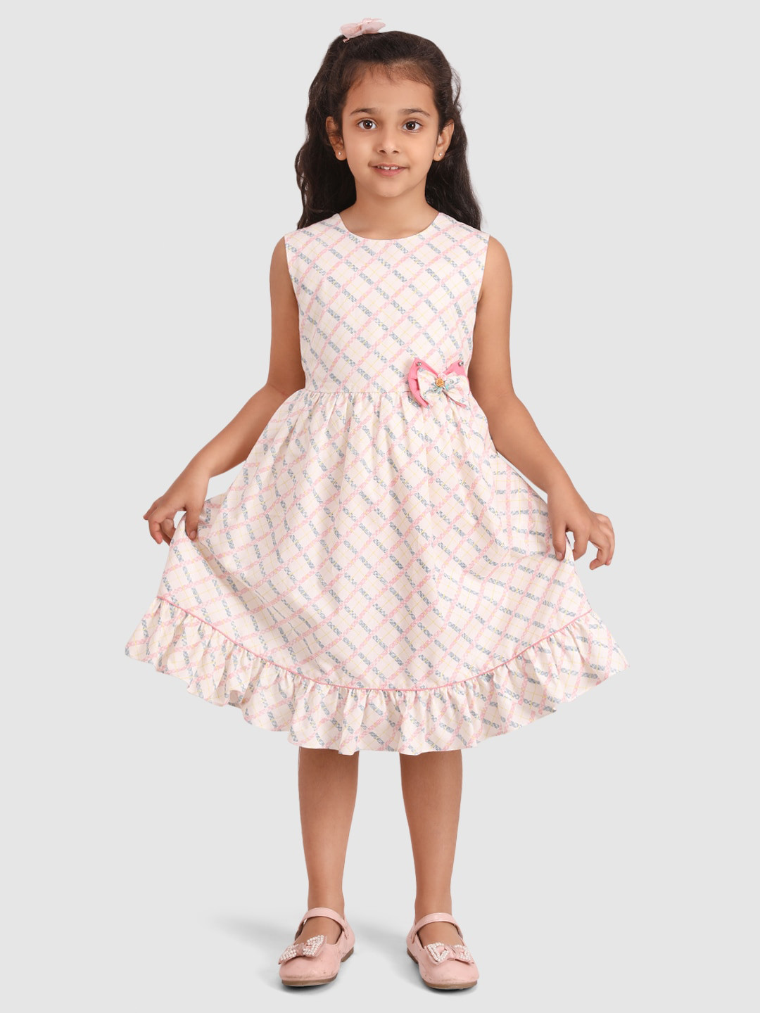 

BAESD Girls Checked Sleeveless Cotton Bow Fit & Flare Dress, White
