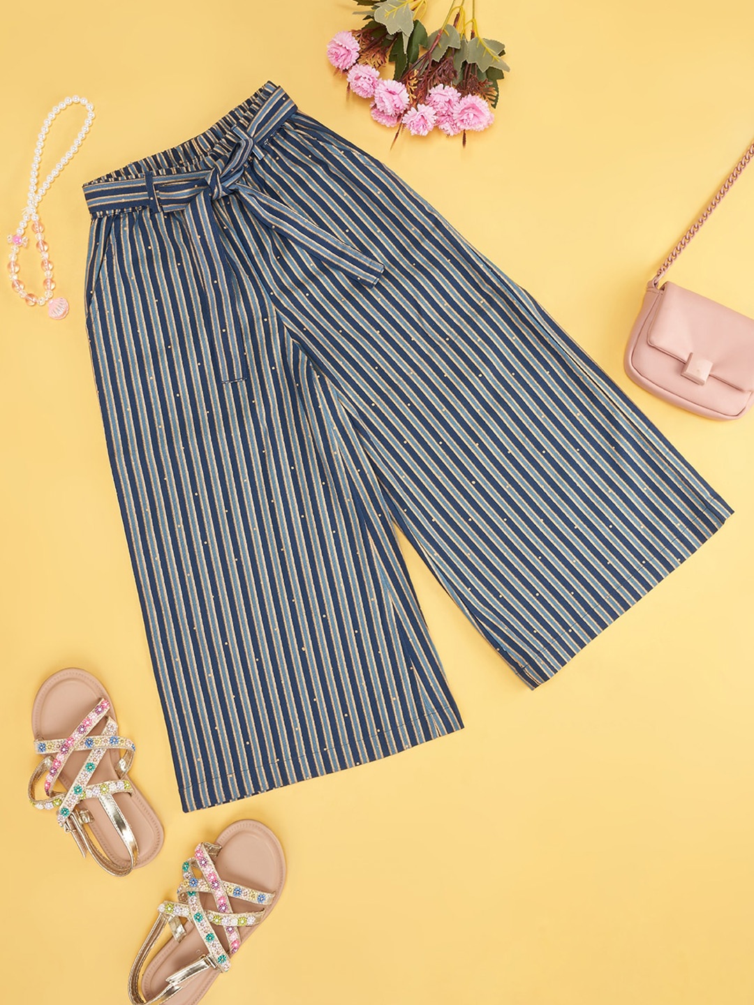 

AKKRITI BY PANTALOONS Girls Striped Flared Palazzos, Navy blue
