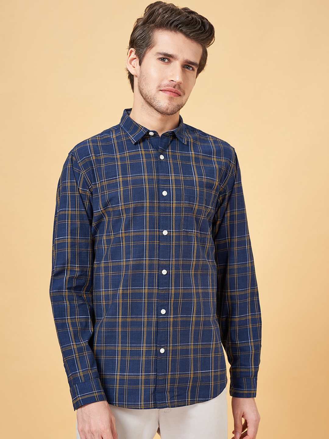 

BYFORD by Pantaloons Slim Fit Opaque Tartan Checked Cotton Casual Shirt, Navy blue