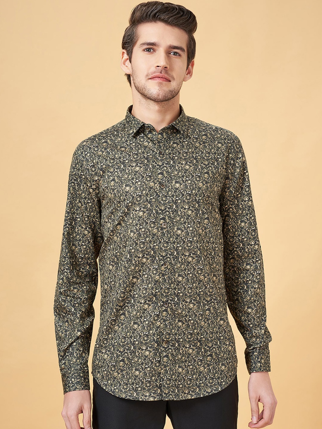 

Peregrine by Pantaloons Spread Collar Long Sleeves Slim Fit Floral Printed Party Shirt, Charcoal