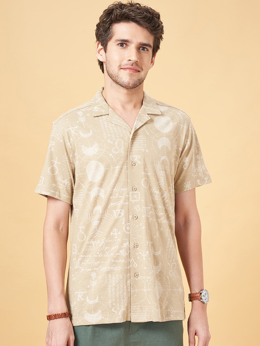 

7 Alt by Pantaloons Spread Collar Slim Fit Floral Opaque Printed Cotton Casual Shirt, Beige