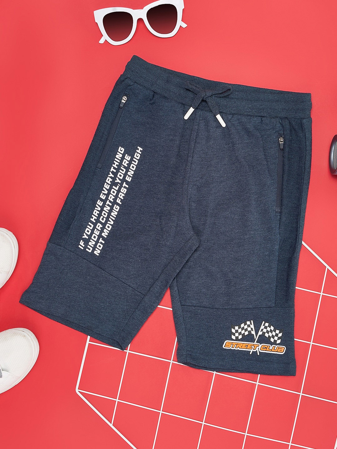 

Pantaloons Junior Boys Mid-Rise Typography Printed Pure Cotton Shorts, Navy blue