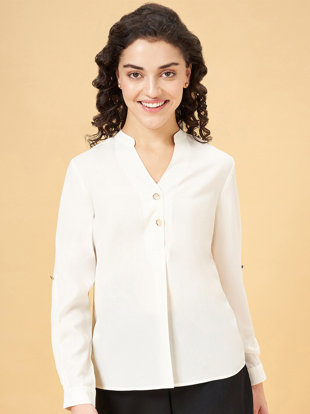 

Annabelle by Pantaloons Mandarin Collar Cuffed Sleeves Formal Shirt Style Top, Cream