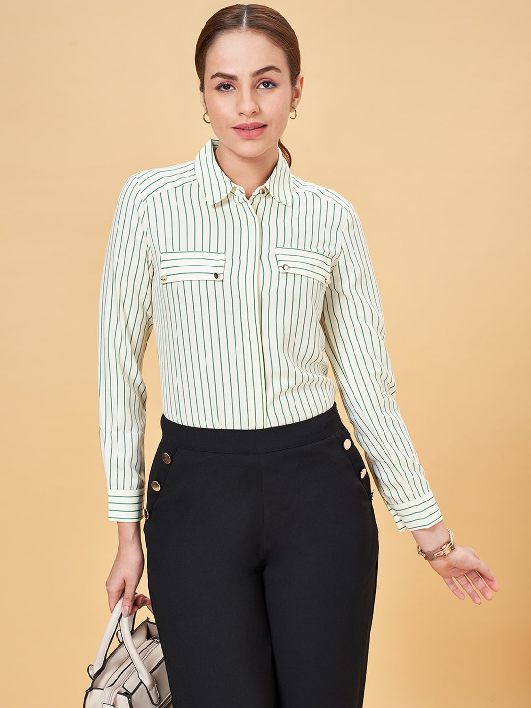 

Annabelle by Pantaloons Striped Long Sleeves Shirt Style Top, Off white