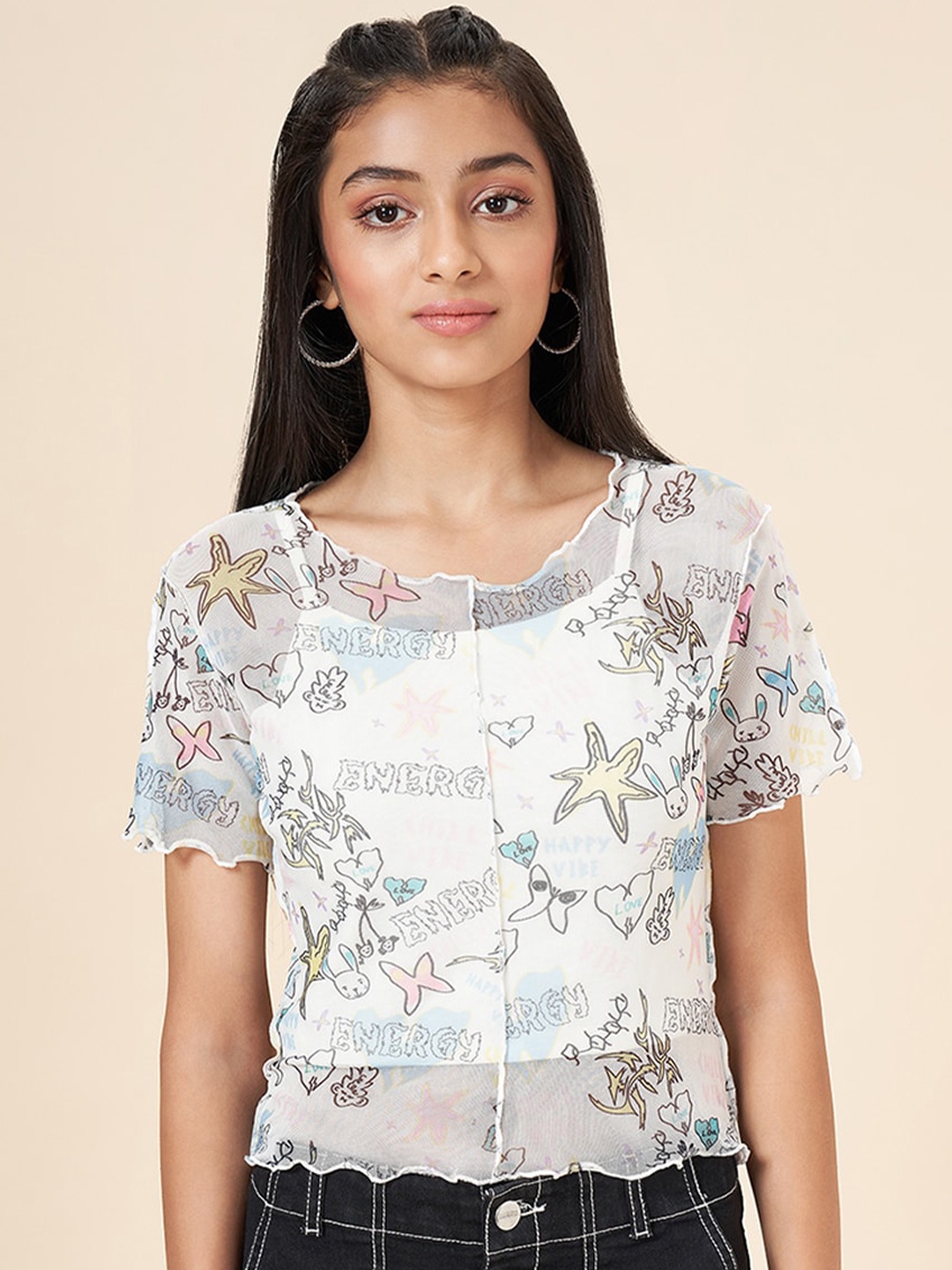 

Coolsters by Pantaloons Girls Conversational Print Round Neck Regular Sleeves Crop Top, White