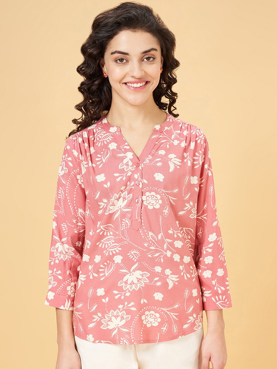 

Honey by Pantaloons Mandarin Collar Floral Print Viscose Rayon Top, Pink