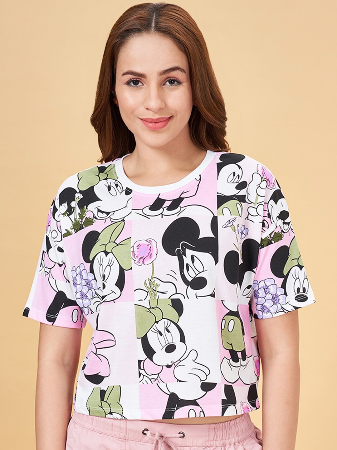 

Honey by Pantaloons Mickey & Minnie Printed Round Neck Cotton Crop Top, White