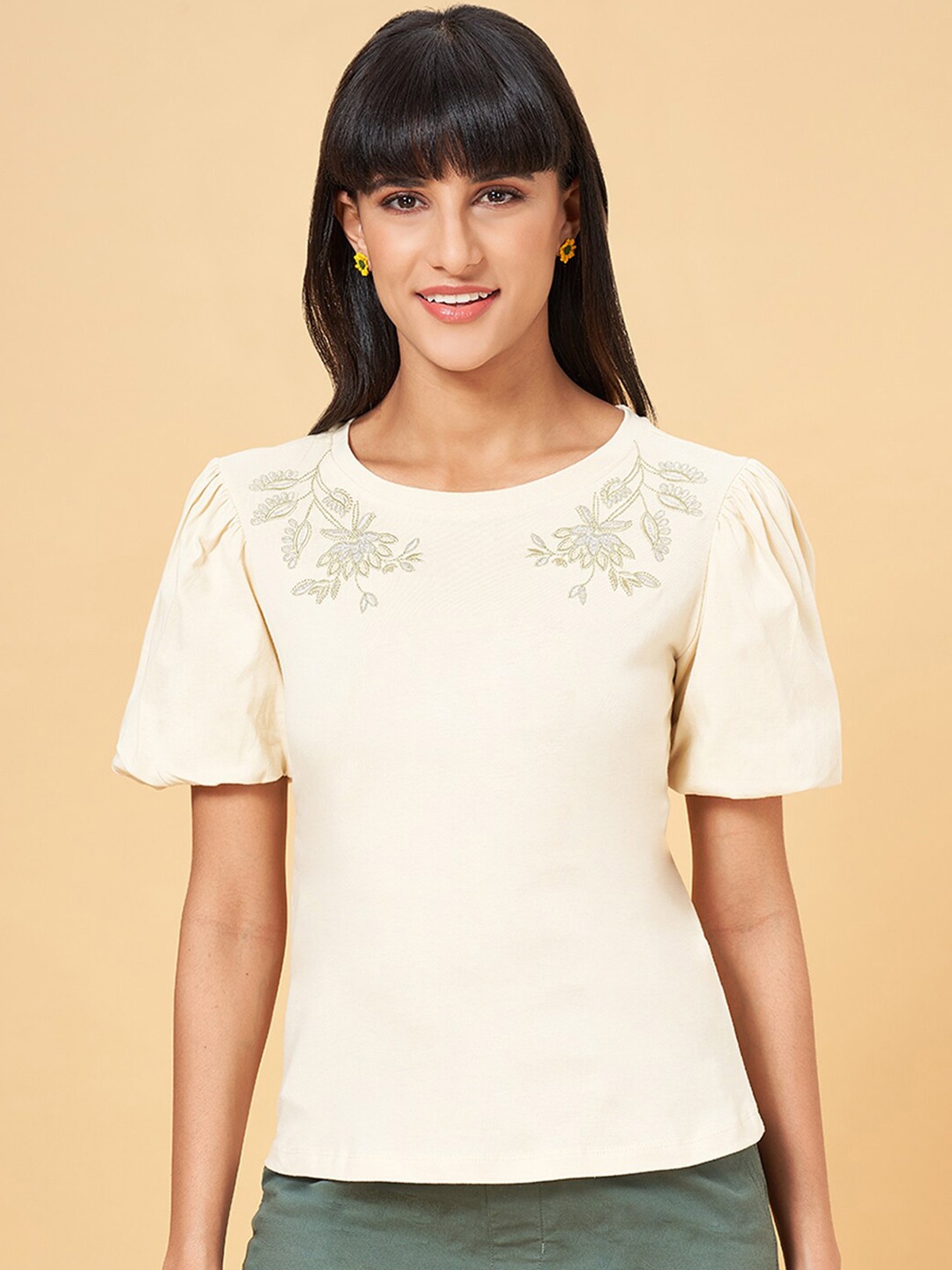 

Honey by Pantaloons Ethnic Motifs Embroidered Round Neck Puff Sleeve Cotton Top, Off white