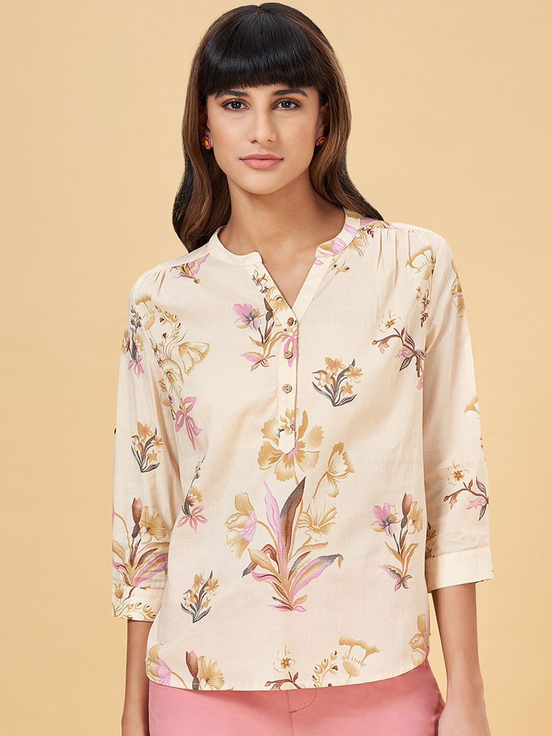 

Honey by Pantaloons Floral Printed Mandarin Collar Cotton Top, Off white