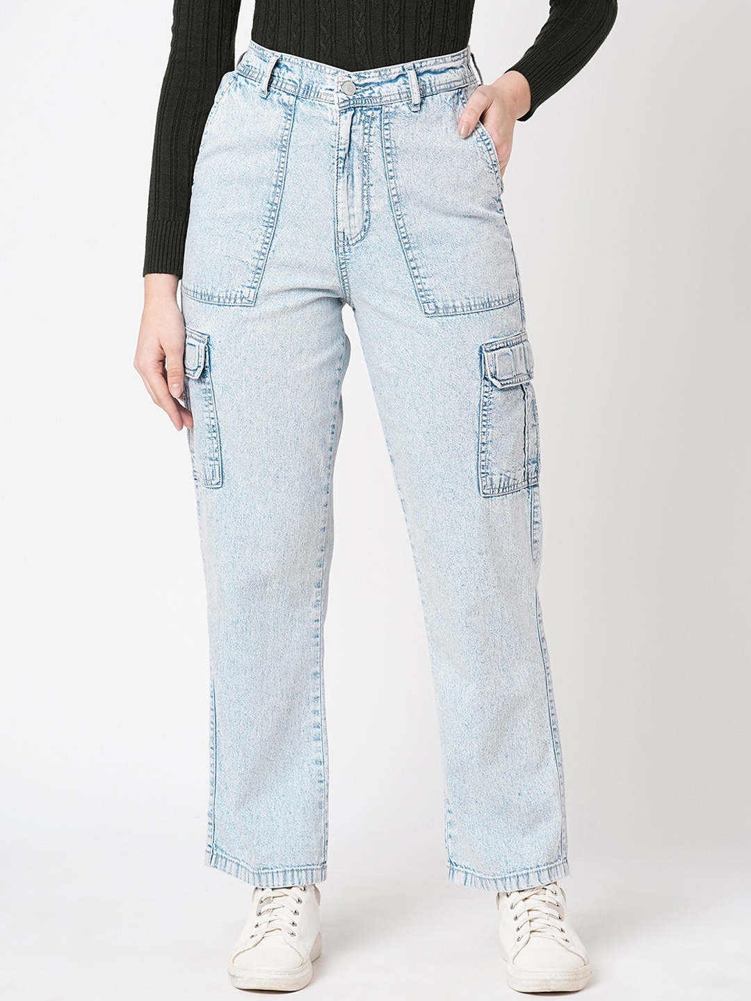 

Kraus Jeans Women Relaxed Fit High-Rise Heavy Fade Denim Cargo, Blue