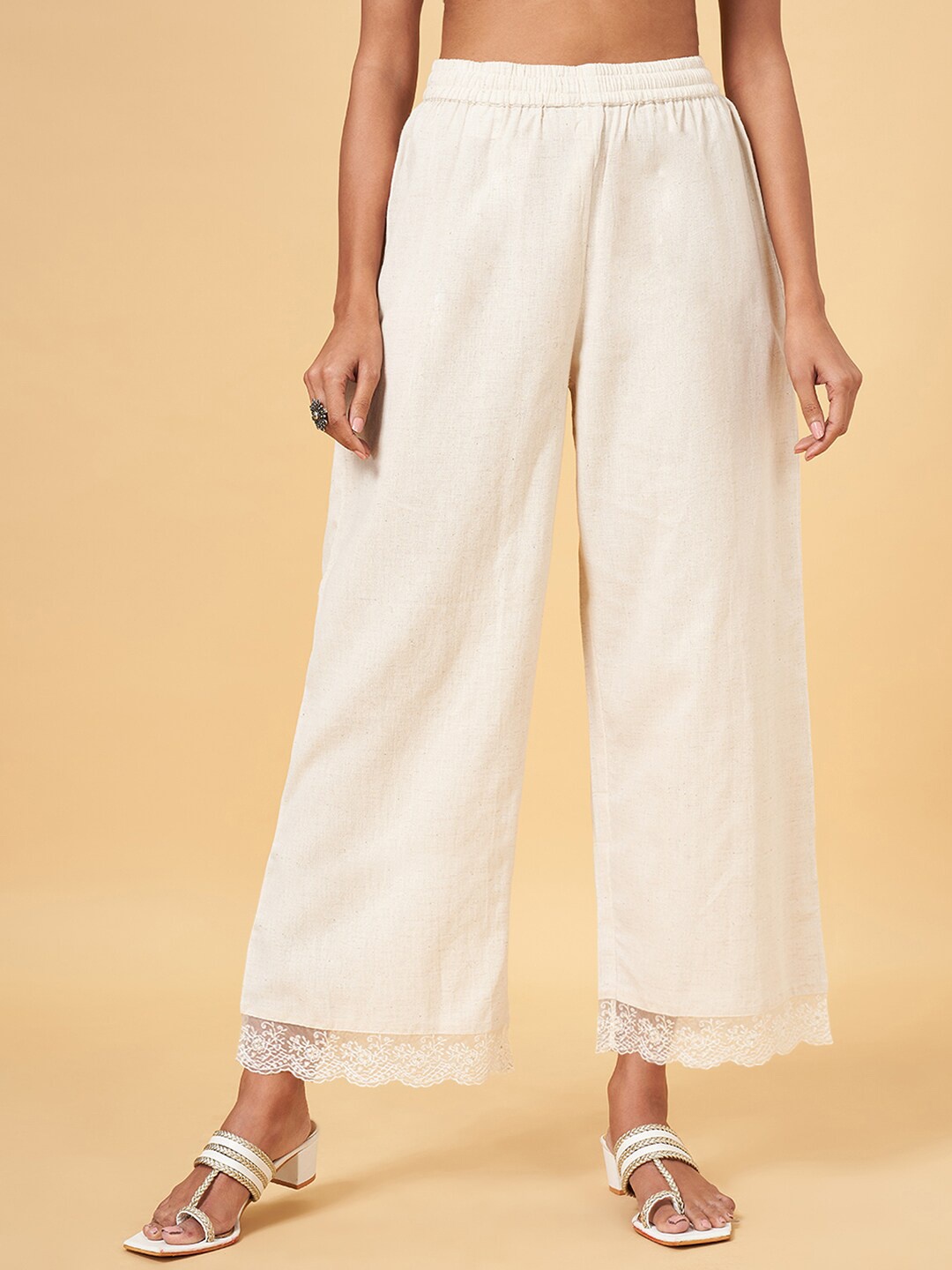 

RANGMANCH BY PANTALOONS Women Cotton Flared Trouser, Off white