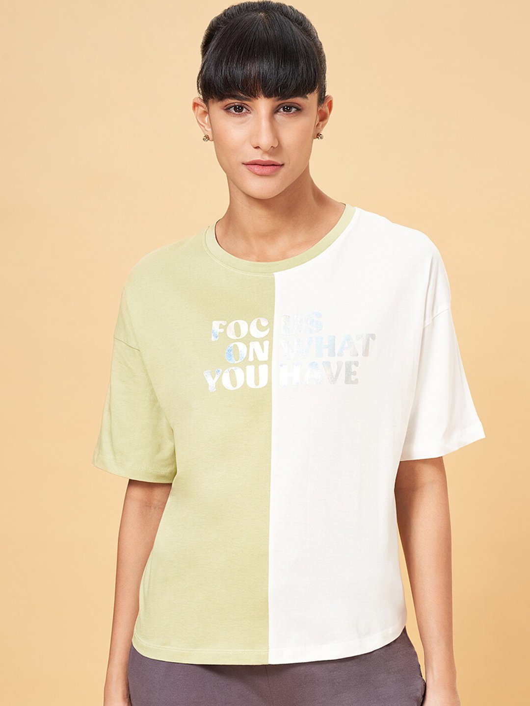 Ajile by Pantaloons Typography Printed Cotton Applique T-shirt, Off white
