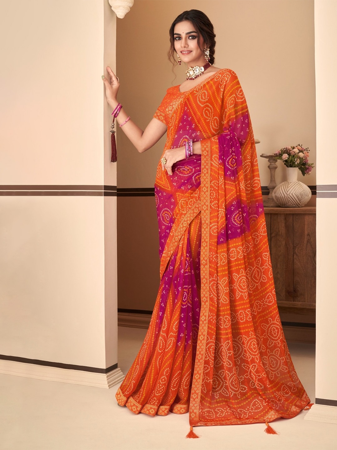 

Reboot Fashions Bandhani Pure Chiffon Bandhani Saree, Orange