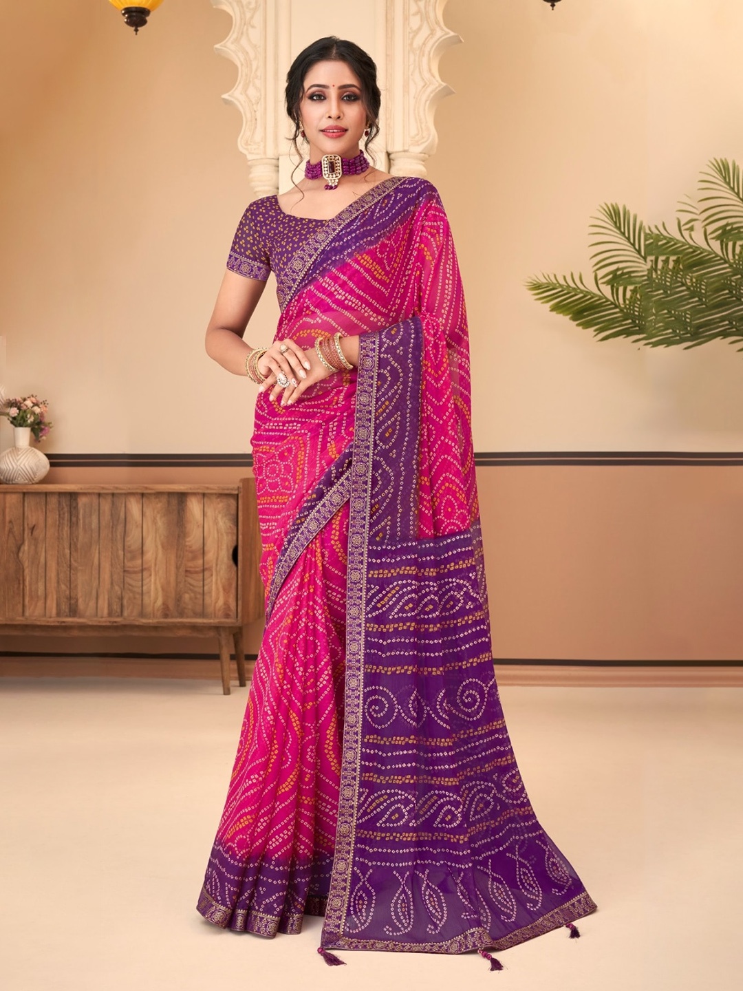 

Reboot Fashions Bandhani Printed Gotta Patti Pure Chiffon Saree, Pink
