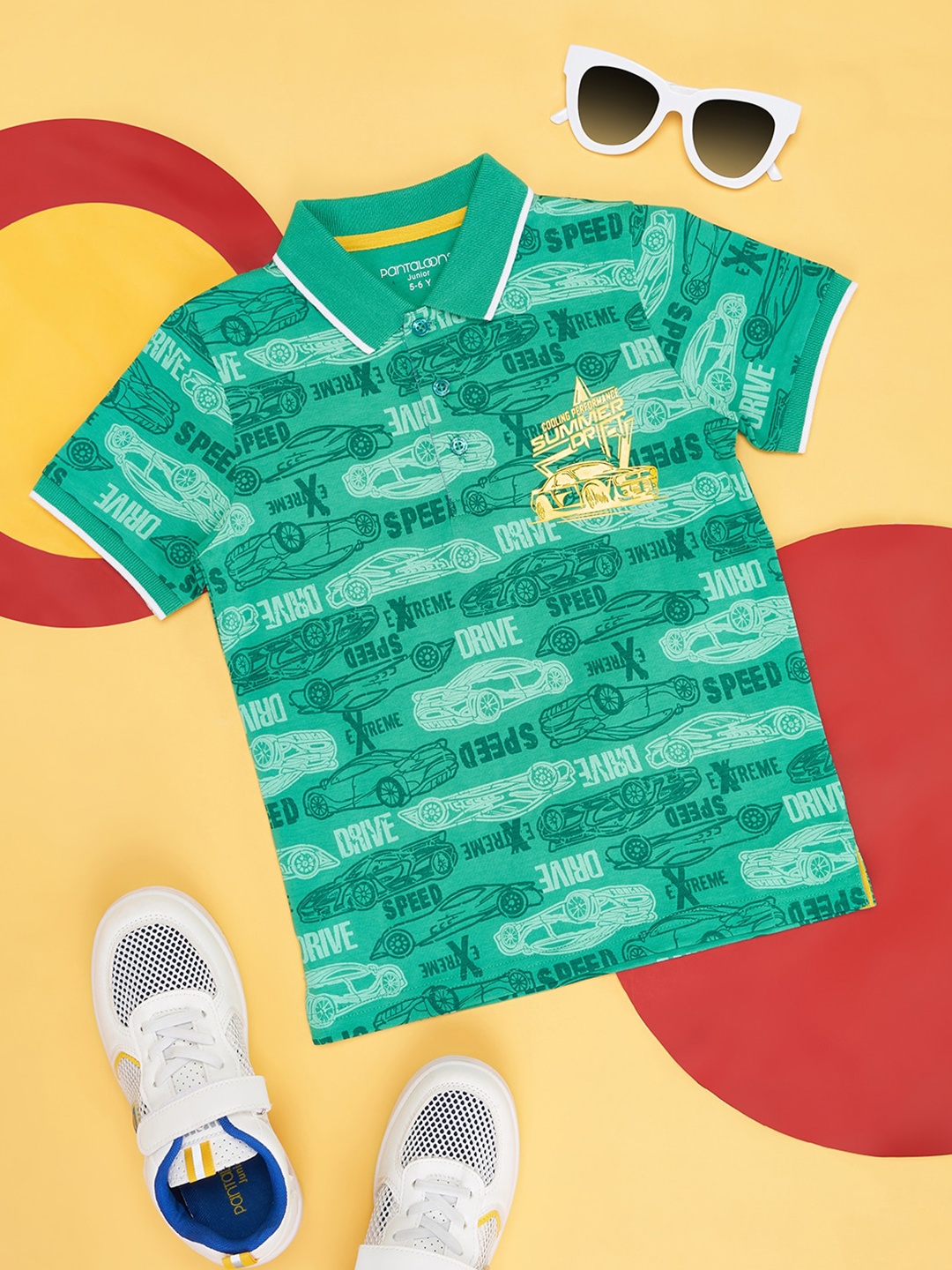 

Pantaloons Junior Boys Conversational Printed Polo Collar Cotton T-shirt, Green