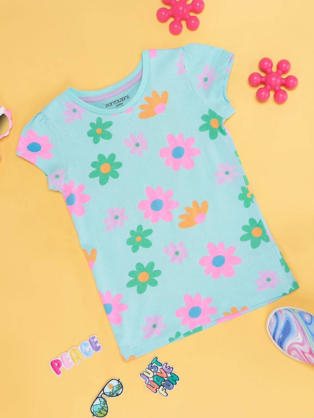 Pantaloons Junior Girls Floral Printed Cap Sleeves Cotton T-shirt, Green